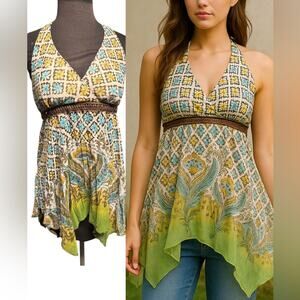Y2K Babydoll Asymmetric Handkerchief Hem Halter Top Womens Size S Fairy Boho